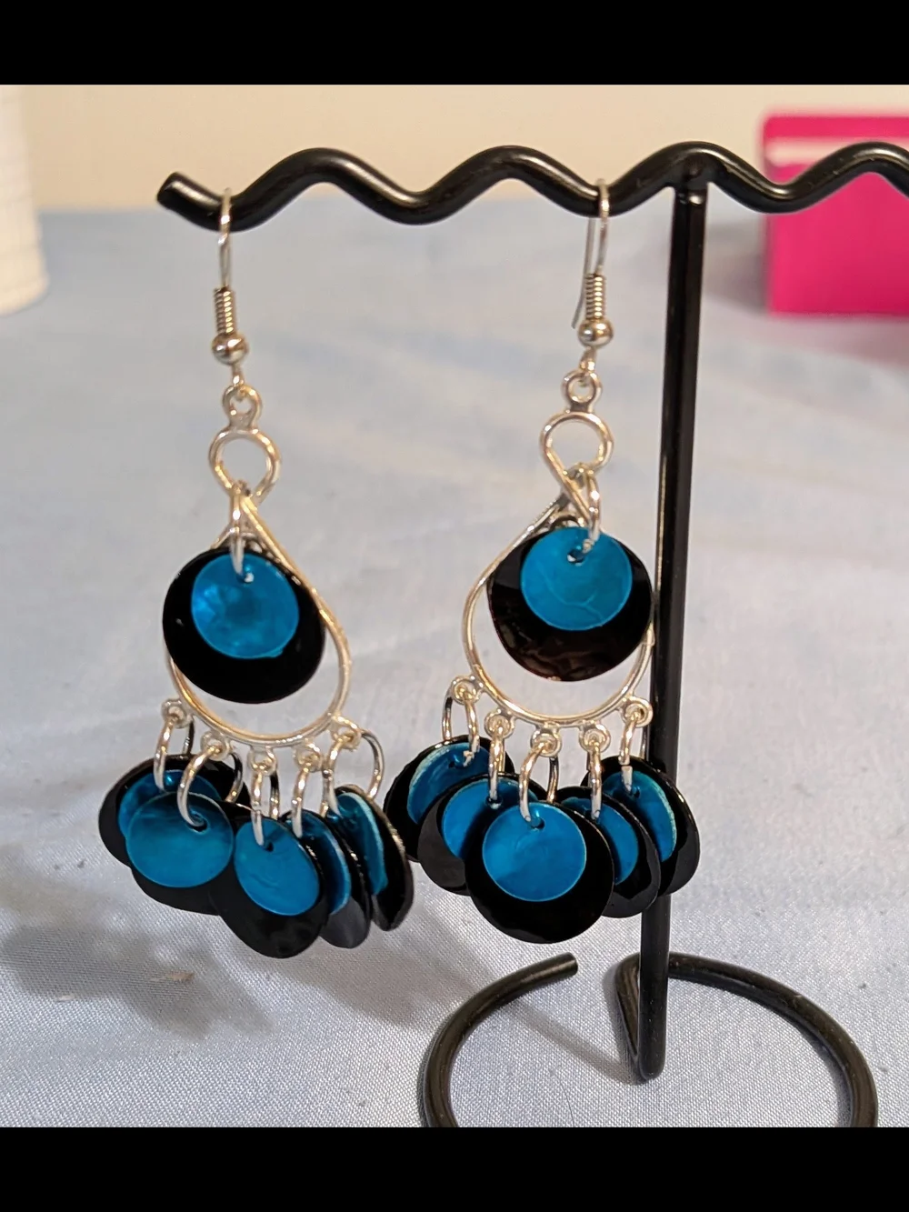 Black & Blue Shells on Silver Chandelier Dangle Earrings, Lightweight, Handmade